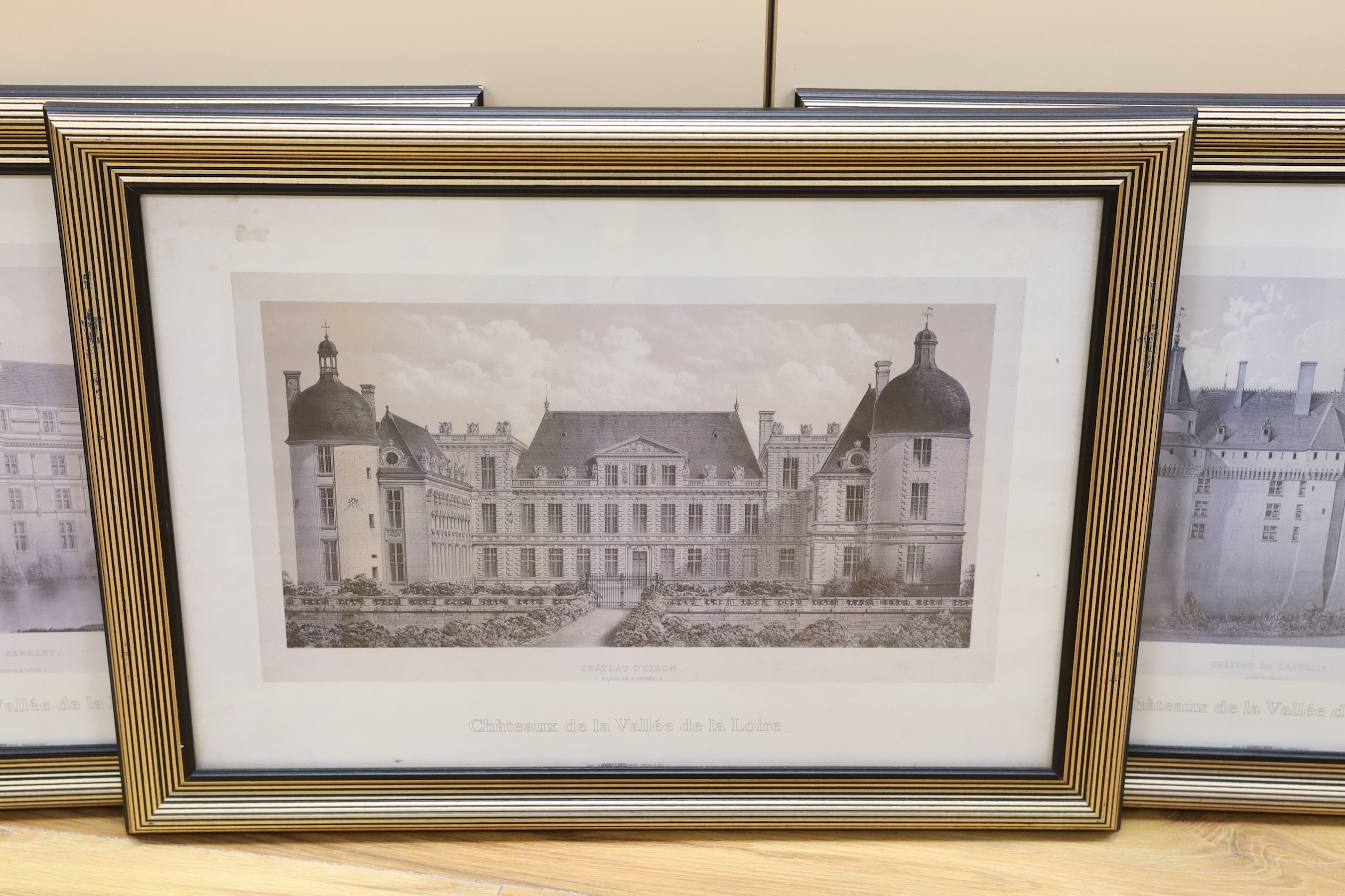 A set of four modern reprints of French chateau, 34 x 49cm